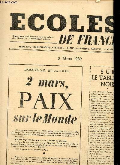 ECOLE DE FRANCE- N4 ANNEE 2 /5 MARS 1939SOMMAIRE : UN GRAVE PROBLEME SOCIAL : LA FAMILLE/LES QUALITES FRANCAISES CHEZ LES ECRIVAINS : DESCARTES