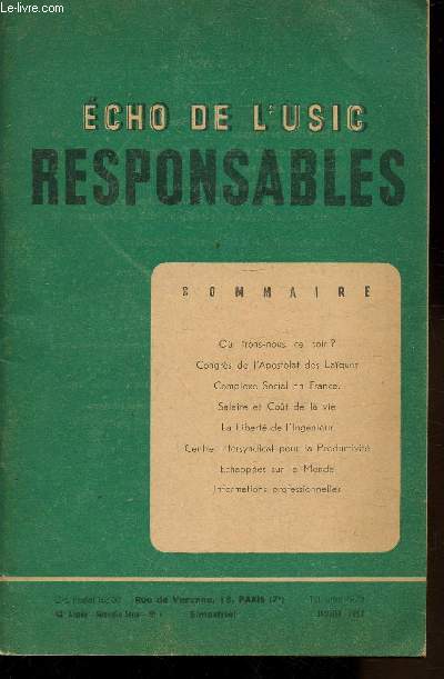 ECHO DE L'USIC RESPONSABLES - NOUVELLE SERIE N1 - BIMESTRIEL - JANVIER 1952