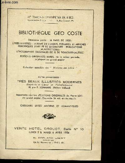 CATALOGUE DE VENTE DU 5-6 AVRIL 1954 - BIBLIOTHEQUE GEO COSTE DEUXIEME PARTIE