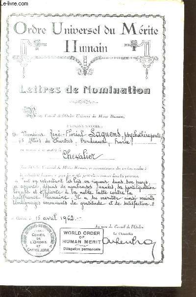 LETTRES DE NOMINATIONS - ORDRE UNIVERSEL DU MERITE HUMAIN