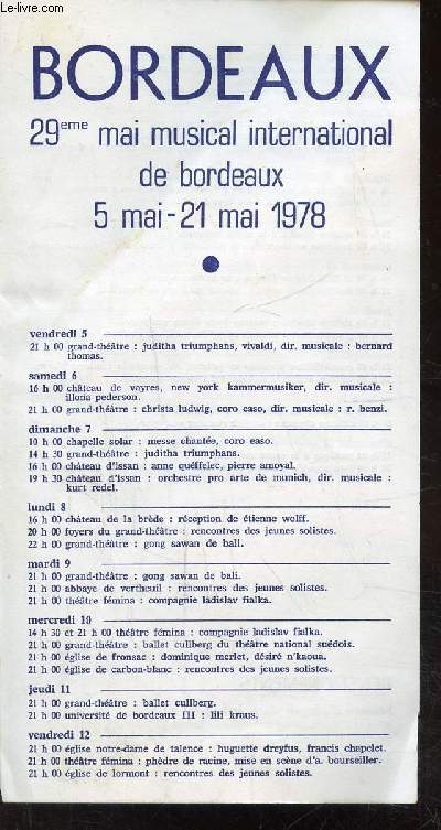 BORDEAUX - 29EME MAI MUSICAL INTERNATIONAL DE BORDEAUX - 5-21 MAI 1978