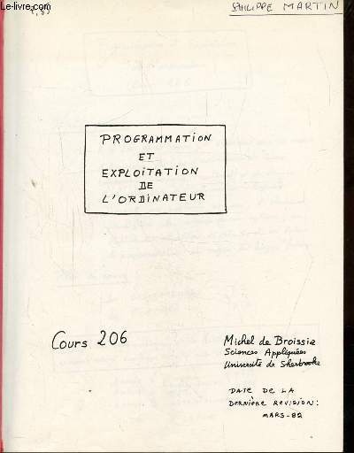 PROGRAMMATION ET EXPLOITATION DE L'ORDINATEUR - COURS 206 -