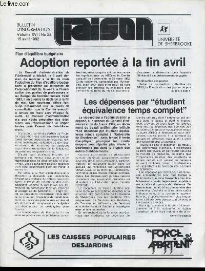 BULLETIN D'INFORMATION vOLUME XVI / N 22- 15 AVRIL 1982 -