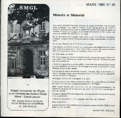 BULLETIN TRIMESTRIEL DE L'ECOLE ET DE L'AMICALE DES ANCIENS ELEVES - N85 - MARS 1980
