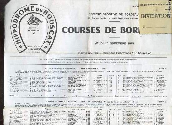 HIPPODROME DU BOUSCAT - COURSES DE BORDEAUX - JEUDI 1ER NOVEMBRE 1979 - 20EME JOURNEE -