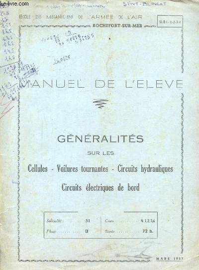 MANUEL DE L'ELEVE - GENERALITES SUR LES CELLULES - VOILURES TOURNANTES - CIRCUITS HYDRAULIQUES - CIRCUITS ELECTRIQUES DE BORD