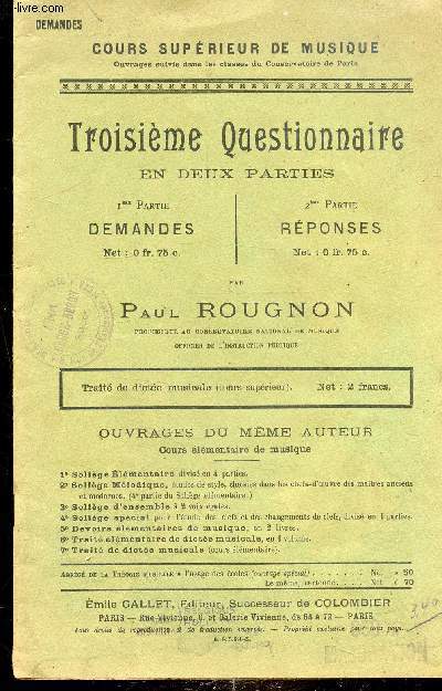 COURS SUPERIEUR DE MUSIQUE - TROISIEME QUESTIONNAIRE EN DEUX PARTIES -DEMANDES / REPONSES