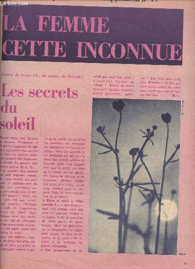 ENCYCLOPEDIE DE ELLE. SUPPLEMENT AU N 19-Les secrets du soleil. Comment le soleil entre en nous. Le mauvais et le bon soleil. Quelques lumires sur le soleil.