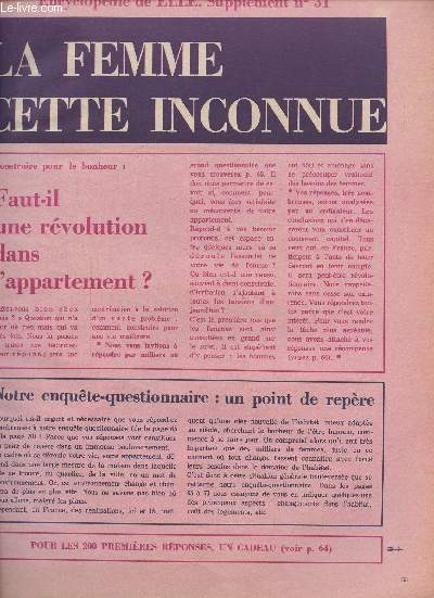 ENCYCLOPEDIE DE ELLE. LA FEMME CETTE INCONNUE - SUPPLEMENT AU N 31.Faut-il une rvolution dans l'appartement? Ou habitent les franais en 1970?