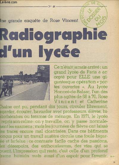 ENCYCLOPEDIE DE ELLE. LE DOSSIER DU MOIS - SUPPLEMENT AU N49 - Radiographie d'un lyce.