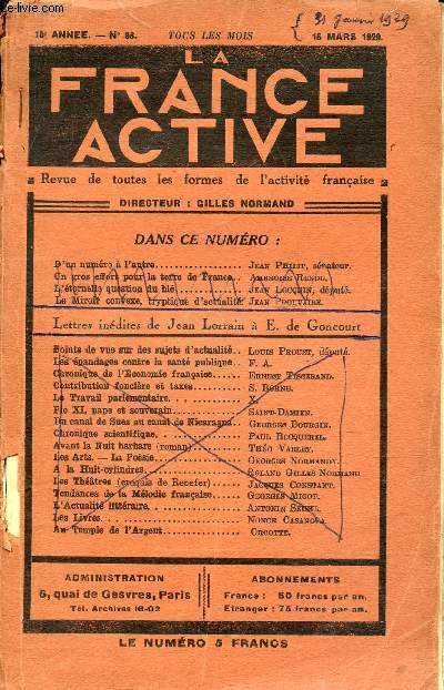 LA FRANCE ACTIVE - REVUE DE TOUTES LES FORMES DE L'ACTIVITE FRANCAISE - 10e anne - N98 - 15 mars 1929