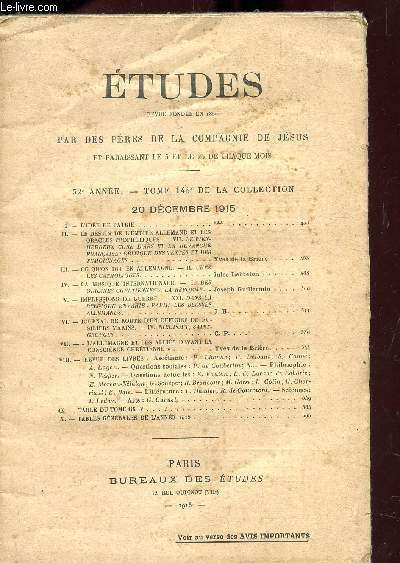ETUDES REVUE FONDEE EN 1856 PAR DES PERES DE LA COMPAGNIE DE JESUS ET PARAISSANT LE 5 ET LE 20 DE CHAQUE MOIS - TOME 145 - N16