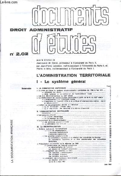 Documents d'études - Droit administratif - n°2.02 - L'administration territoriale - 1 - Le système général