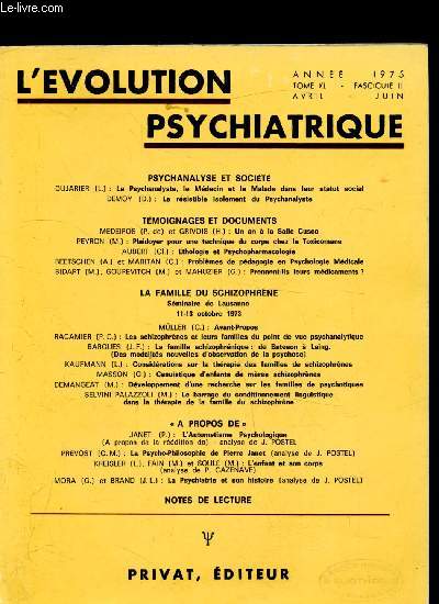 L'volution psychatrique - Anne 1975 - Tome XL - Fascicule II - Avril Juin