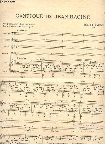 Cantiques de Jean Racine - Op:11 - J. 3612H. Accompagnement d'orchestre en location - Partie de Violon ou de Violoncelle -