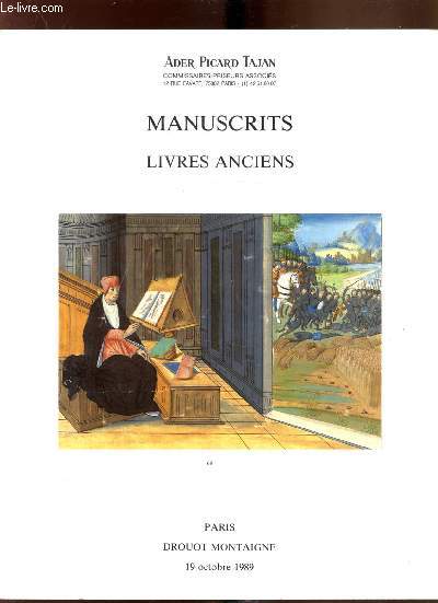 Catalogue de manuscrits à peintures livres anciens - Vente à Paris - Drouot - Montaigne - Jeudi 19 octobre 1989 -
