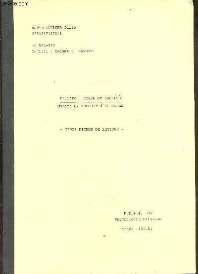 Fiches de Lecture - FIlire: Corps et socit - D.E.S.S. Psychologie Clinique Anne 1982-83 -