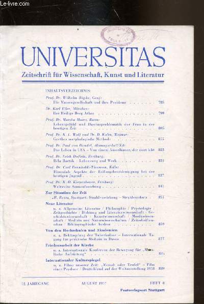 Universitas - Zeitschrift fur Wissenschaft, Kunst und literatur - 12. Jahrgang - August 1957 - Heft 8 -