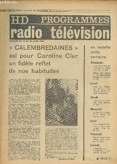 Hd programmes, radio tlvision -semaine du 14 au 20 mars 1965- N 2