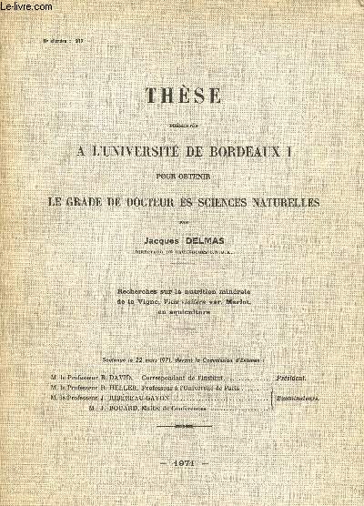 Thse prsente  l'universit de Bordeaux I pour obtenir le grade de docteur s sciences naturelles, recherches sur la nutrition minrale de la Vigne, vitis vinifera var.Merlot en aquiculture