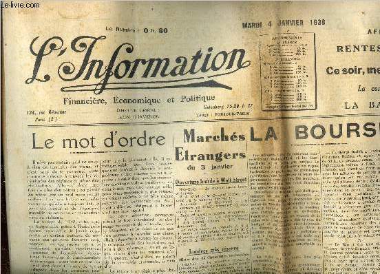 L'information financire, conomique et politique, mardi 4 janvier 1938
