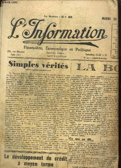 L'information financire, conomique et politique, mardi 28 dcembre 1937, 39e anne N 250