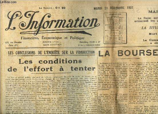L'information financire, conomique et politique, mardi 21 dcembre 1937