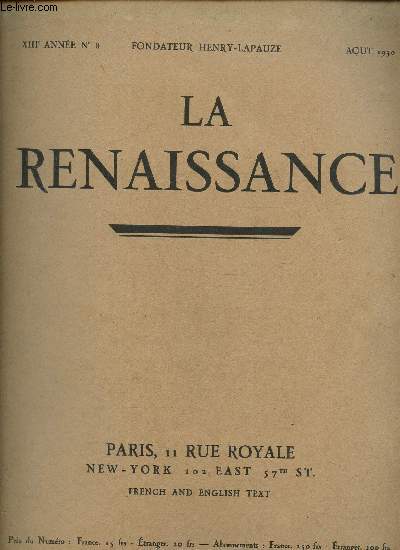 La renaissance, XIII anne N 8, aout 1930- La peinture moderne au Muse de Nantes- Le nu chez les primitifs- Sur un buste de Rude.