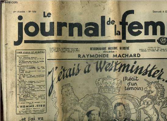 Le journal des femmes 3eme anne n109, samedi 8 dcembre 1934 : J'tais  Westminster...