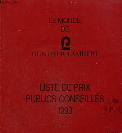 Le monde de gunther Lambert- Liste des prix publics conseills 1993