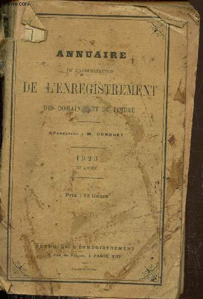 Annuaire de l'administration de l'enregistrement des domaines et du timbre 1923