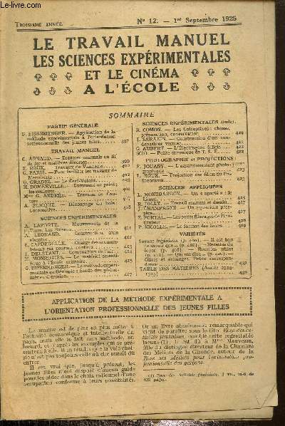 La travail manuel - Les sciences exprimentales et le cinma  l'cole n12, troisime anne- 1er septembre 1925
