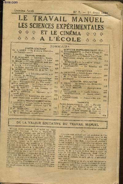 La travail manuel - Les sciences exprimentales et le cinma  l'cole n7, 1er avril 1924, 2me anne