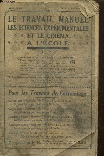 La travail manuel - Les sciences exprimentales et le cinma  l'cole n4, 1er janvier 1924, 2me anne