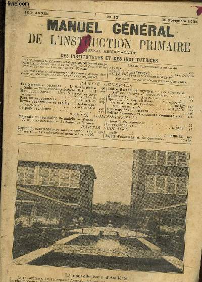 Manuel gnral de l'instruction primaire- Journal hebdomadaire des instituteurs et des institutrices n12, 103me anne- 30 novembre 1935