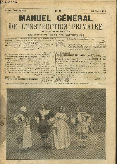 Manuel gnral de l'instruction primaire- Journal hebdomadaire des instituteurs et des institutrices n36, 100me anne- 27 mai 1933