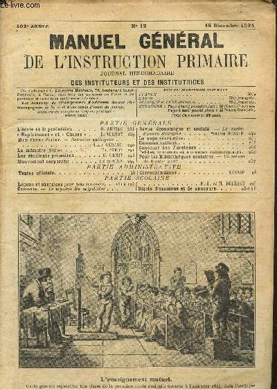 Manuel gnral de l'instruction primaire- Journal hebdomadaire des instituteurs et des institutrices n12, 102me anne- 15 dcembre 1934