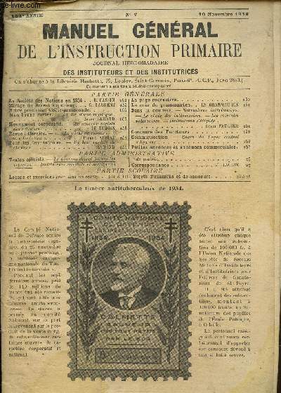 Manuel gnral de l'instruction primaire- Journal hebdomadaire des instituteurs et des institutrices n7, 102me anne- 10 novembre 1934