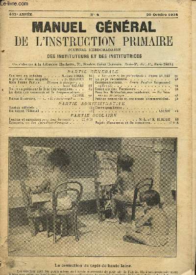 Manuel gnral de l'instruction primaire- Journal hebdomadaire des instituteurs et des institutrices n4, 102me anne- 10 octobre 1934