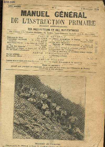 Manuel gnral de l'instruction primaire- Journal hebdomadaire des instituteurs et des institutrices n6, 102me anne- 3 novembre 1934