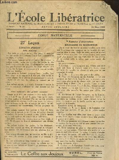 L'cole libratrice n27, 7me anne-21 mars 1936-La nation et l'autorit- Ftes et rjouissances familiales- Le sang, l'appareil circulatoire. Hygine.