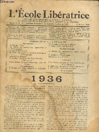 L'cole libratrice n16, 7me anne- 4 janvier 1936- Le congrs d'unit de la Fdration de l'Enseignement- La rforme des coles normales- La correspondance scollaire internationale.