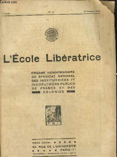 L'cole libratrice n12, 7me anne- 30 novembre 1935-Le cas de l'instituteur Marlin- Notre enqute sur la jeunesse- Jeunesse de France- A propos de la discipline.