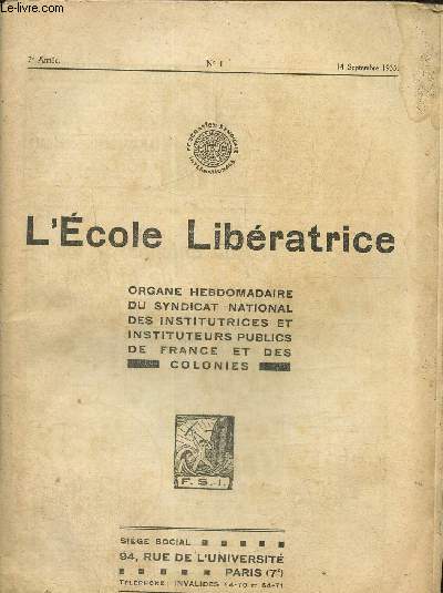 L'cole libratrice n1, 7me anne- 14 septembre 1935- Notre beau congrs- La grande pnitence et la morale humaine- Les ftes de la paix.
