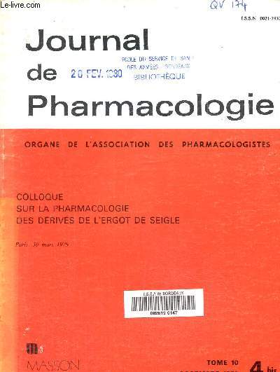 Journal de pharmacologie. Tome 10 dcembre 1979. N 4 bis