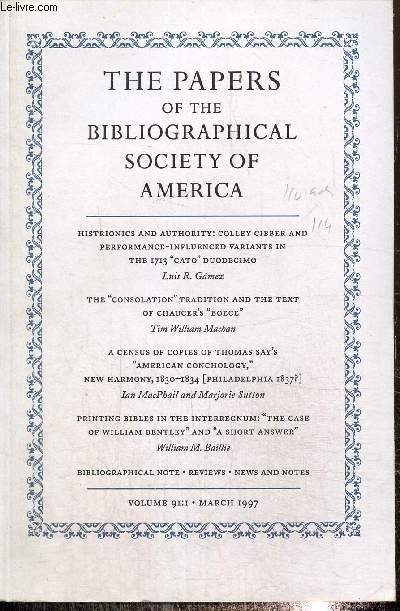 The papers of the bibliographical society of America volume 91: I march 1997