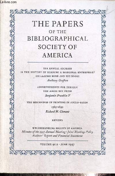 The papers of the bibliographical society of America volume 91: 2, june 1997