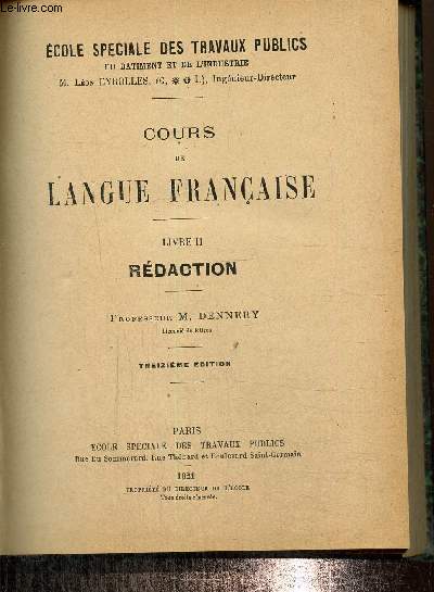 Cours de langue franaise Livre II, rdaction. Treizime dition