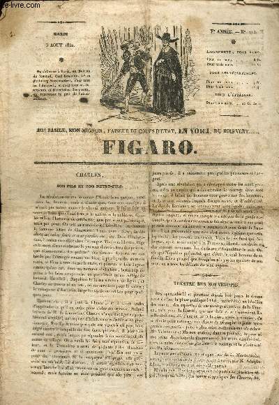 Figaro Ve anne mardi 3 aourt 1830. Charles, son fils et son petit fils- Thatre des nouveauts- La parisienne- Souscription en favauer des blesss.