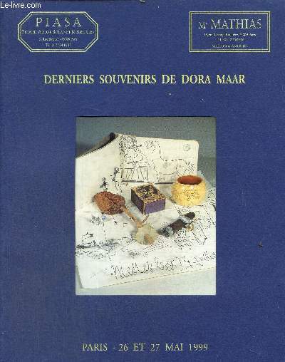 Catalogue de vente aux enchres - jeudi 27 mai 1999. Derniers souvenirs de Dora Maar. succession de madame dora markovitch - oeuvres de pablo picasso -Bracelet en Ivoir grav, dessins et carnet de croquis, bote d'allumettes orne d'un dessin, figurines e